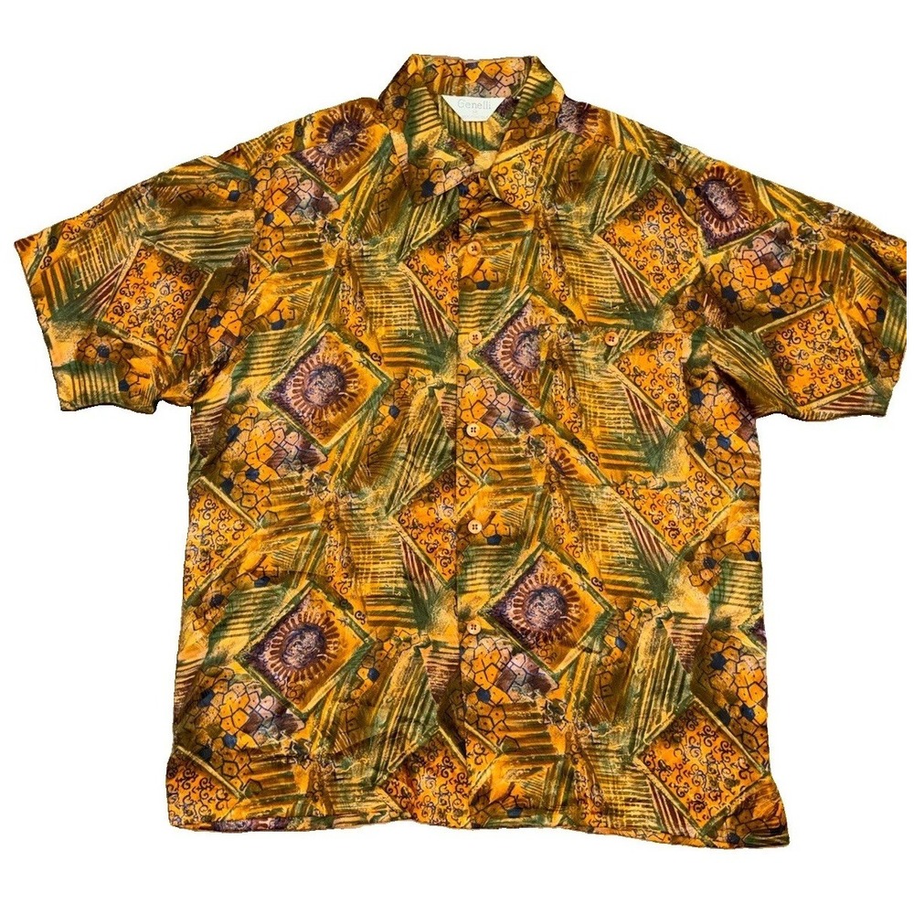 Vintage Genelli 100% Silk Abstract Colorful Geometric 90s Festival Shirt Men's M